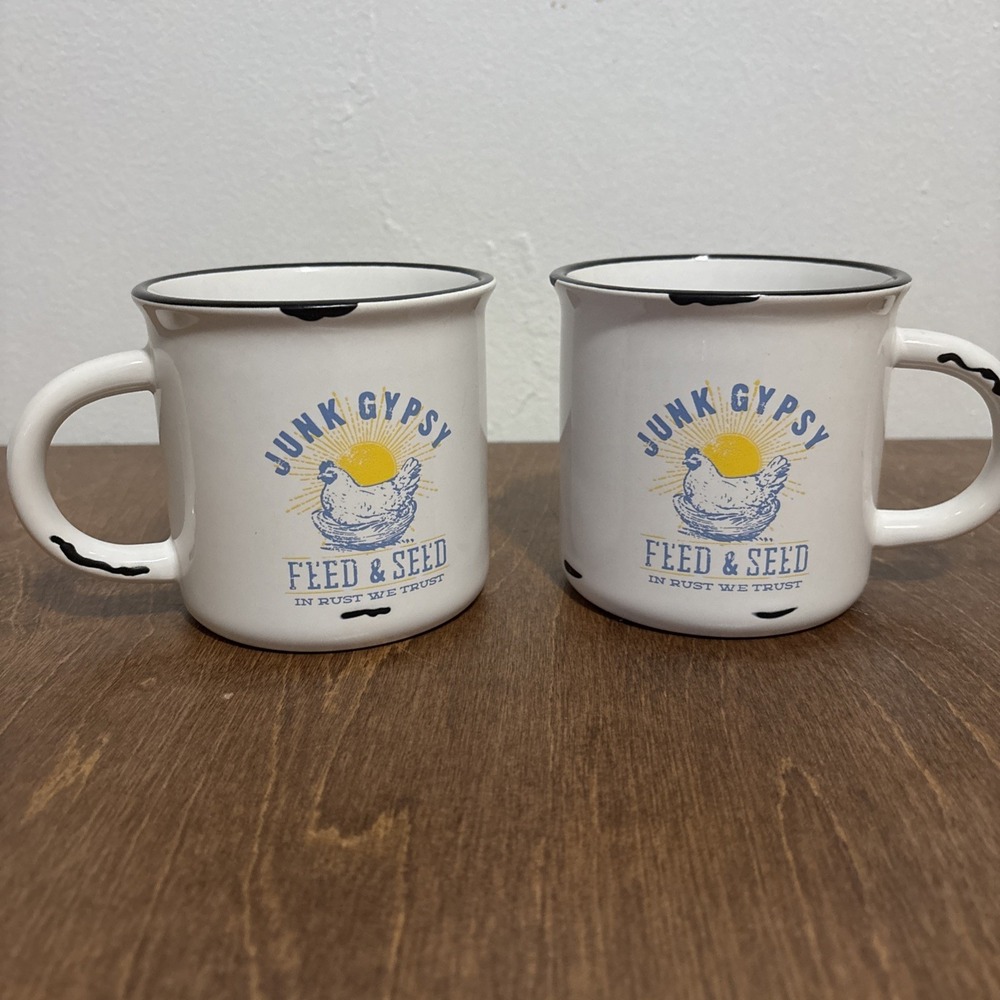 Lot of 2 Junk Gypsy Coffee Mug Feed & Seed In Rust We Trust Chicken Farm